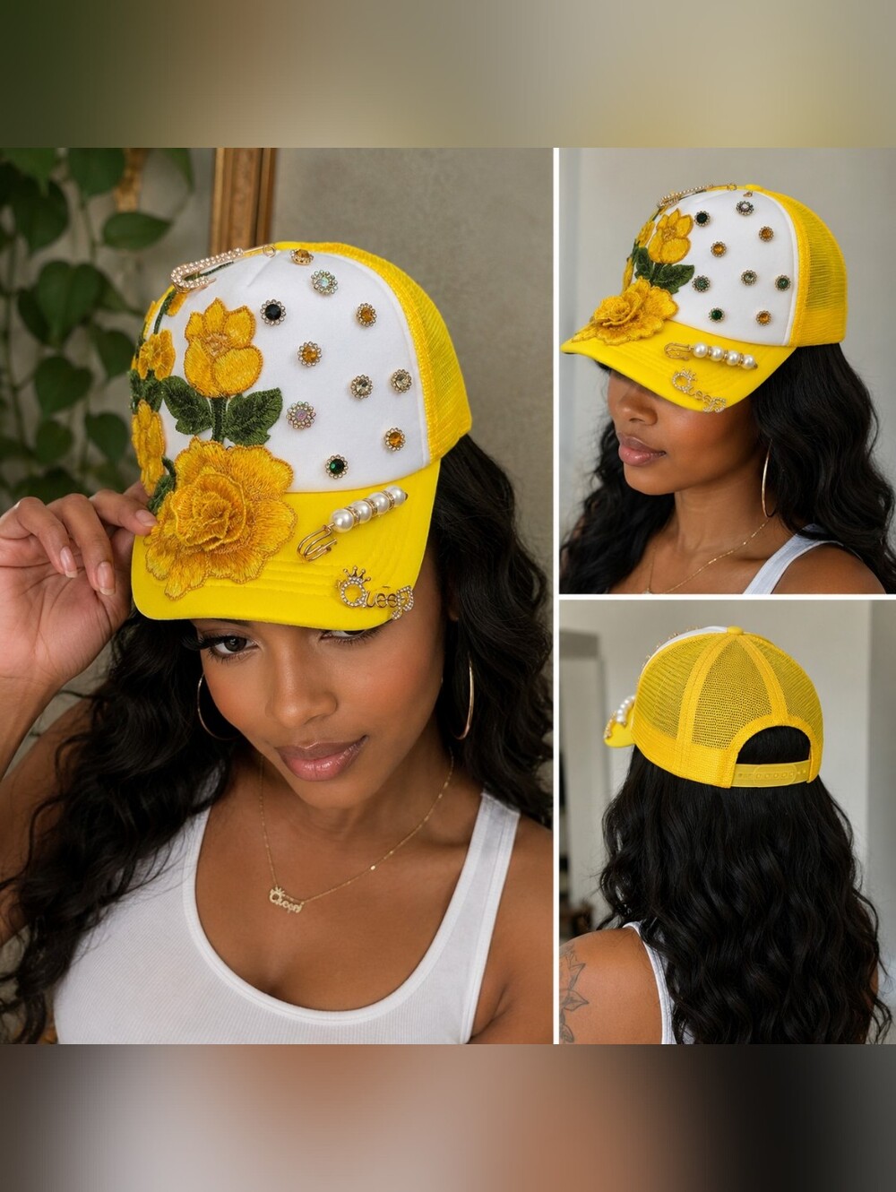 Yellow Floral Embellished Trucker Hat - Unbranded